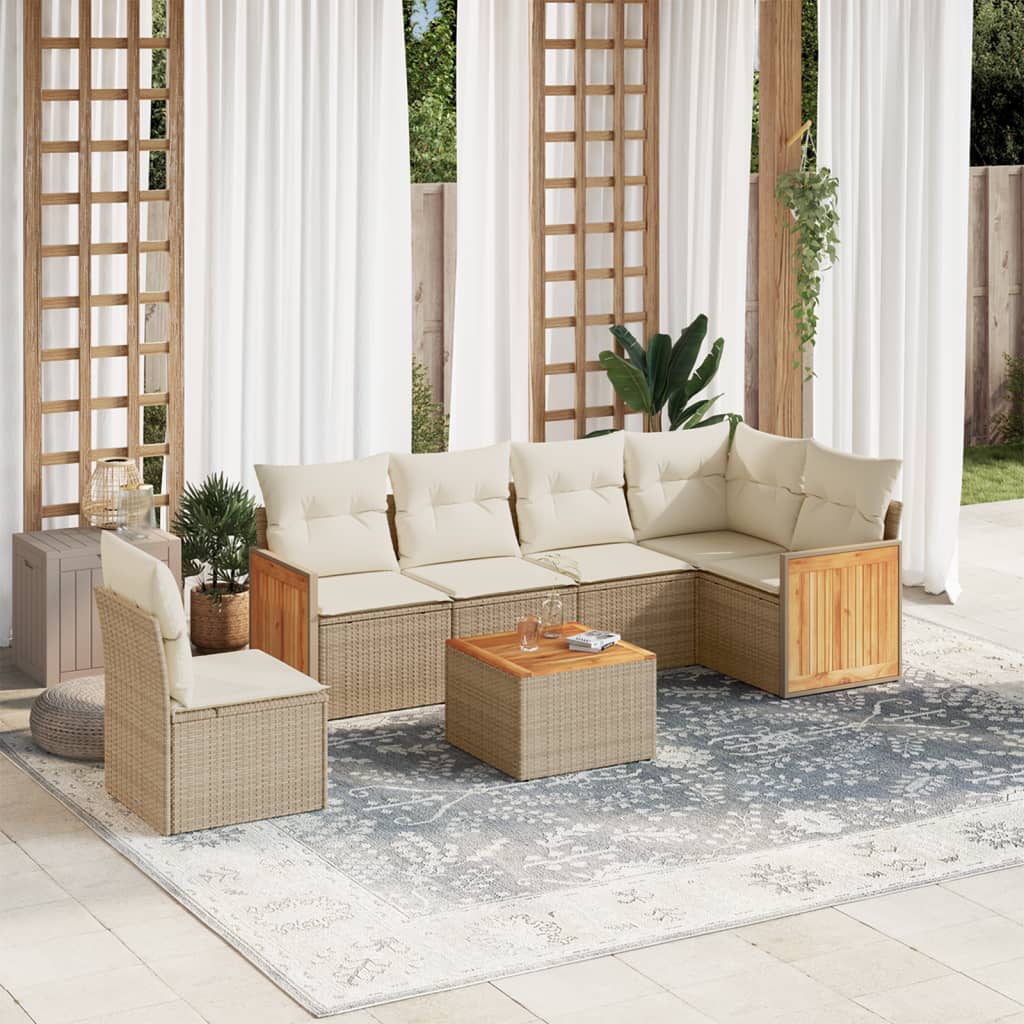 7-tlg. Garten-Sofagarnitur mit Kissen Beige Poly Rattan