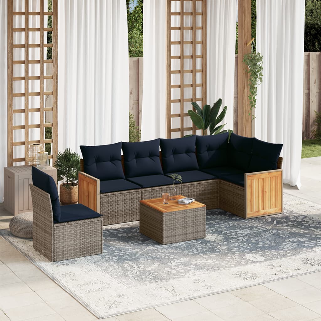Havesofasæt i grå polyrattan - 7 dele med marineblå hynder