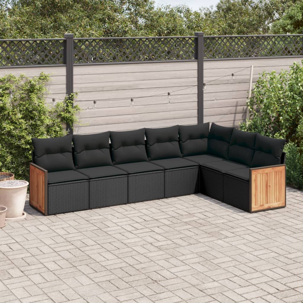 vidaXL 7-tlg. Garten-Sofagarnitur mit Kissen Schwarz Poly Rattan