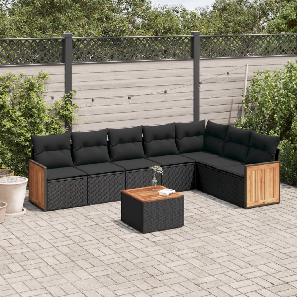 vidaXL 8-tlg. Garten-Sofagarnitur mit Kissen Schwarz Poly Rattan