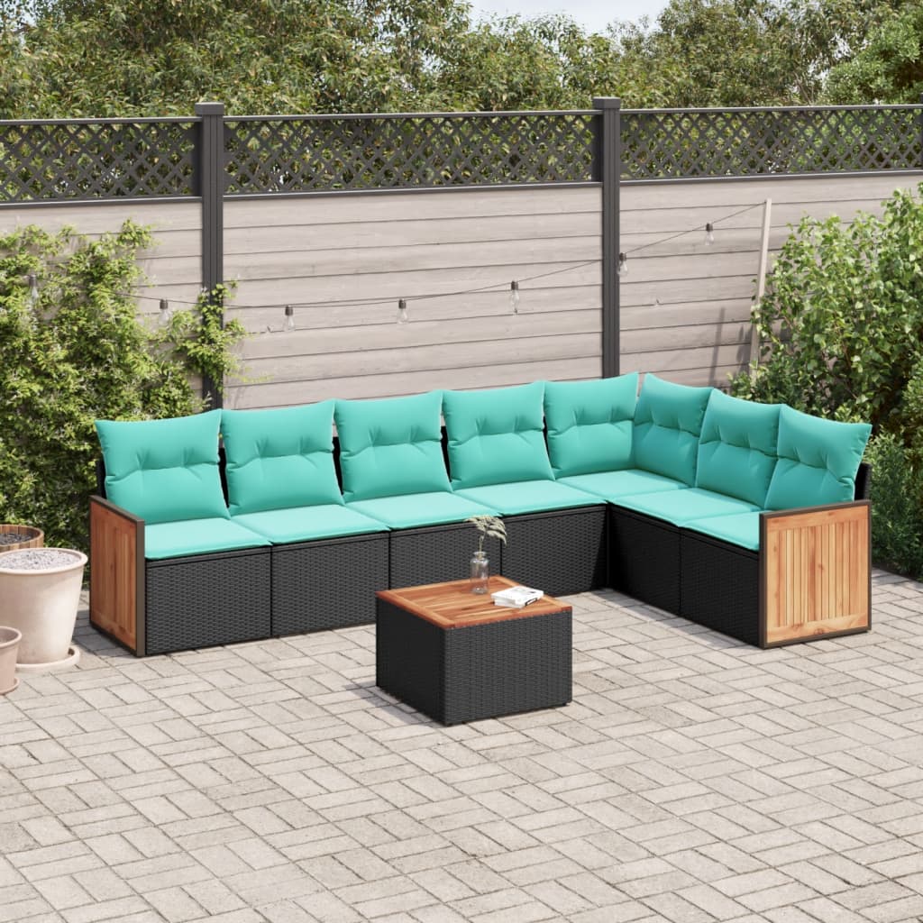 vidaXL 8-teiliges Gartensofa-Set mit Kissen, schwarzes Polyrattan