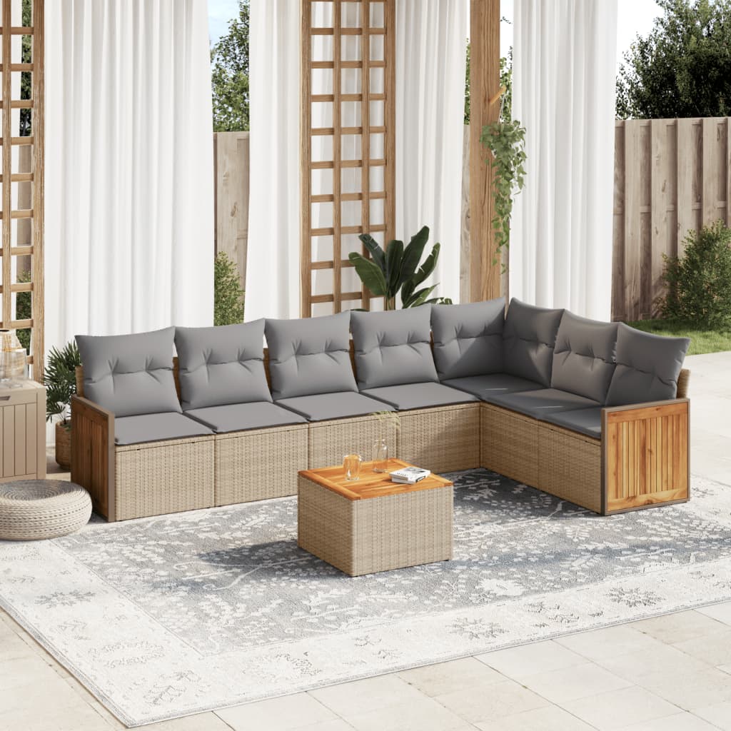 vidaXL 8-tlg. Garten-Sofagarnitur mit Kissen Beige Poly Rattan