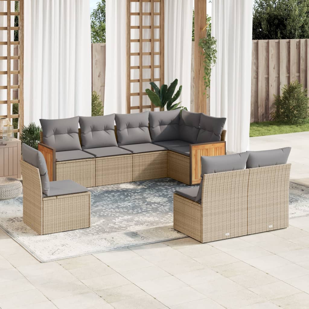 8-tlg. Garten-Sofagarnitur mit Kissen Beige Poly Rattan