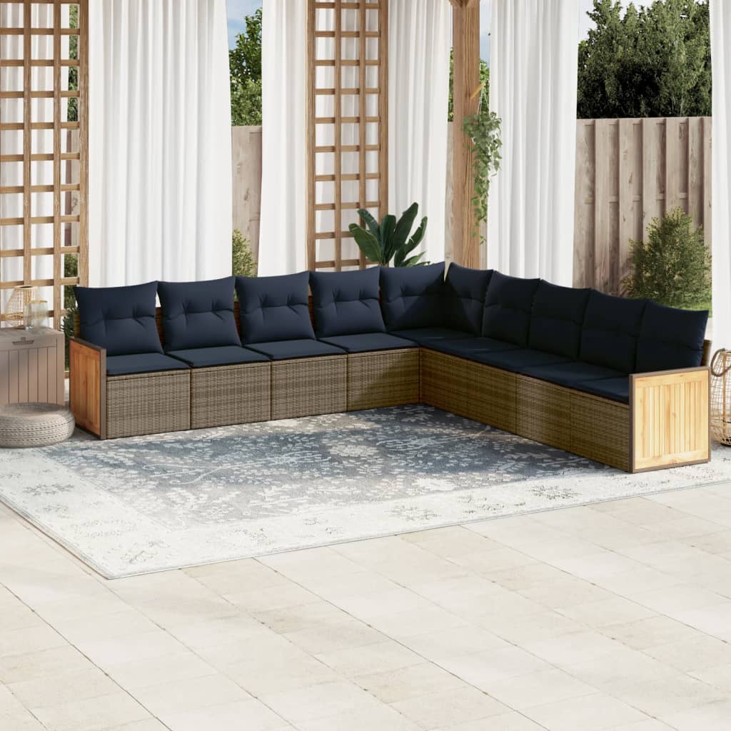 vidaXL 9-teiliges Gartensofa-Set mit Kissen, grau, Polyrattan