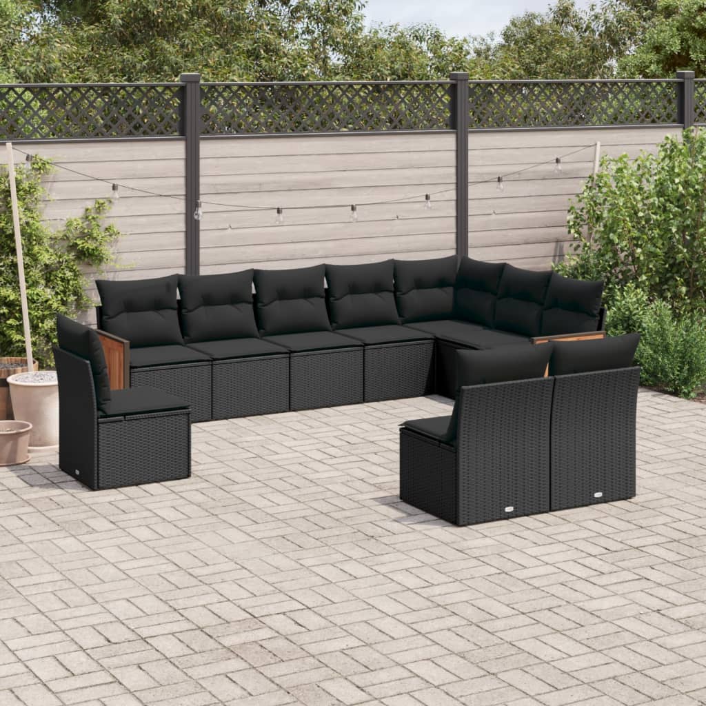 vidaXL 10-tlg. Garten-Sofagarnitur mit Kissen Schwarz Poly Rattan