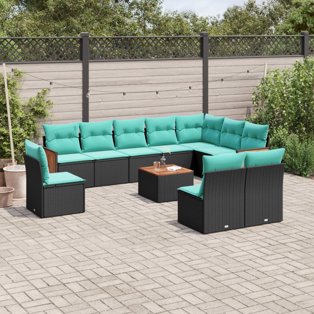 vidaXL 11-teiliges Gartensofa-Set mit Kissen, schwarzes Polyrattan