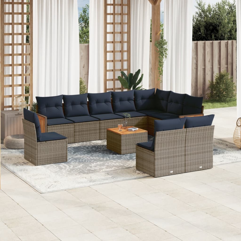 vidaXL 11-teiliges Gartensofa-Set mit Kissen, grau, Polyrattan
