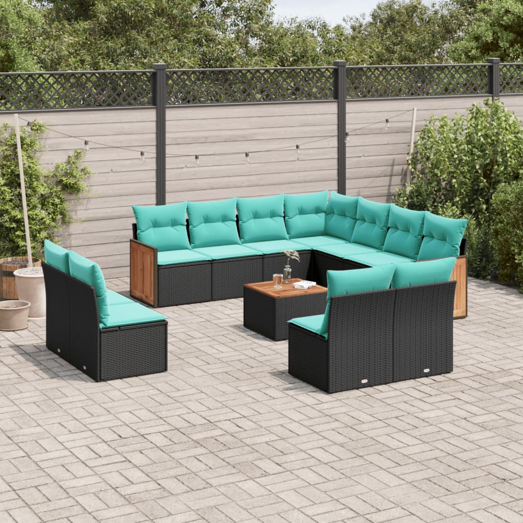 vidaXL 12-teiliges Gartensofa-Set mit Kissen, schwarzes Polyrattan