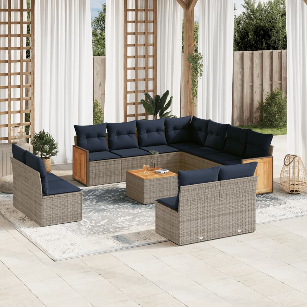 Havesofasæt i polyrattan med hynder - grå/marineblå, 12 dele