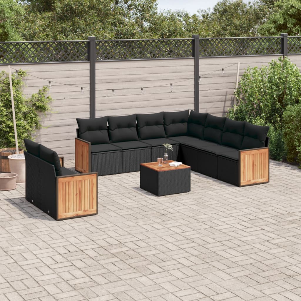 vidaXL 10-tlg. Garten-Sofagarnitur mit Kissen Schwarz Poly Rattan