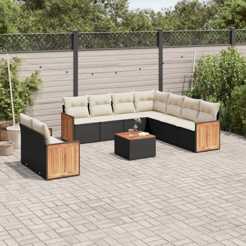 vidaXL 10-tlg. Garten-Sofagarnitur mit Kissen Schwarz Poly Rattan