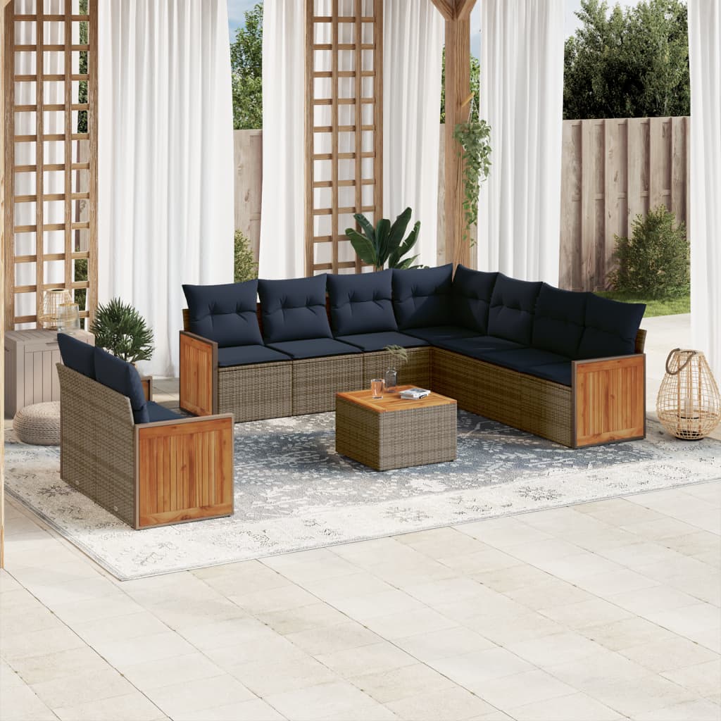 vidaXL 10-teiliges Gartensofa-Set mit Kissen, grau, Polyrattan