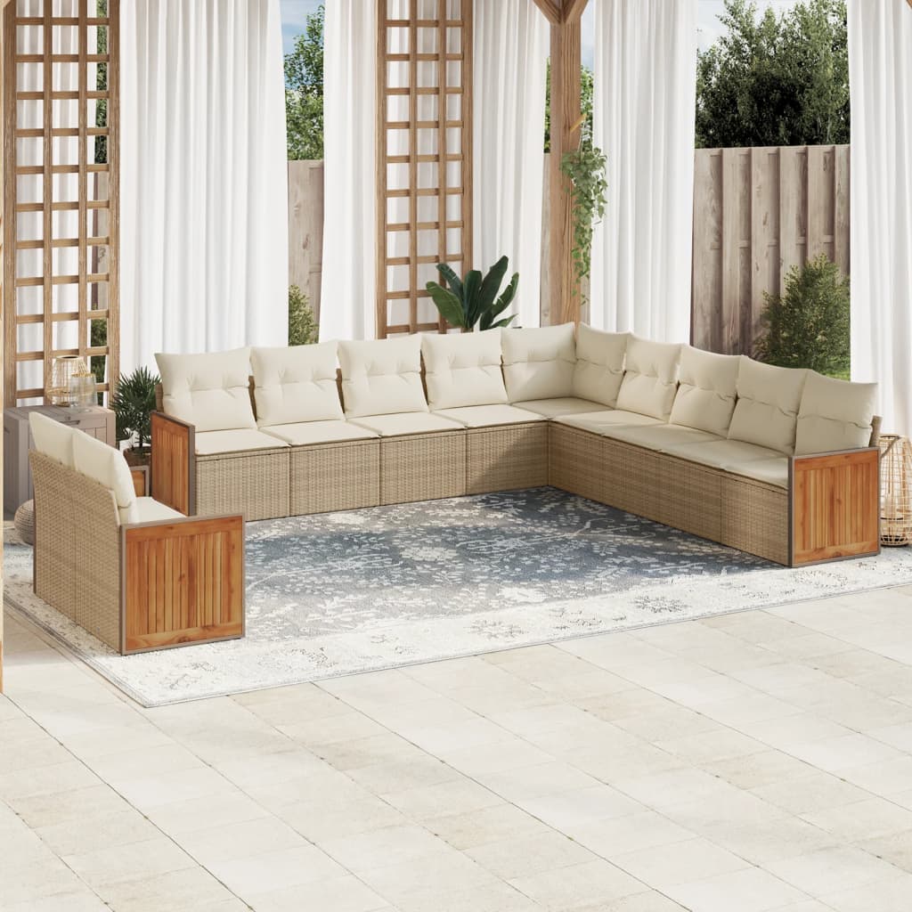 vidaXL 11-tlg. Garten-Sofagarnitur mit Kissen Beige Poly Rattan