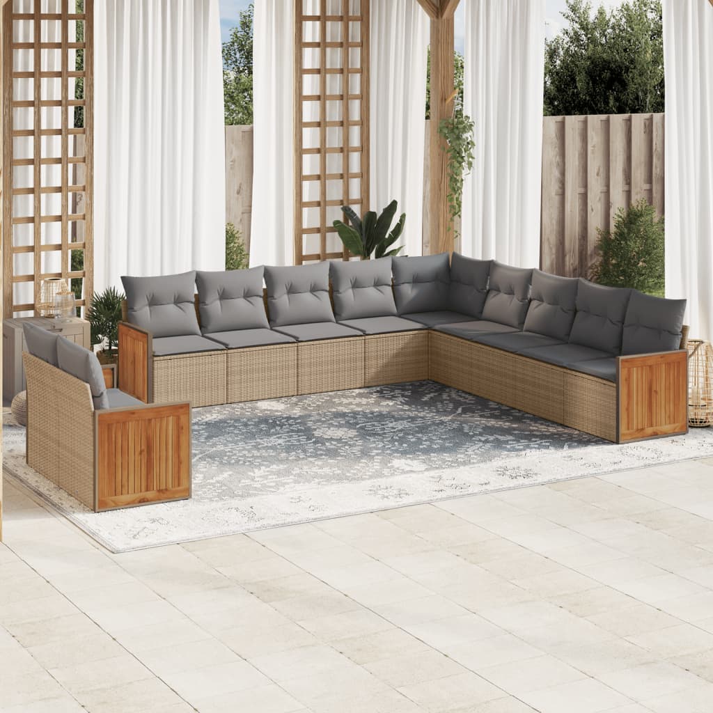 vidaXL 11-tlg. Garten-Sofagarnitur mit Kissen Beige Poly Rattan