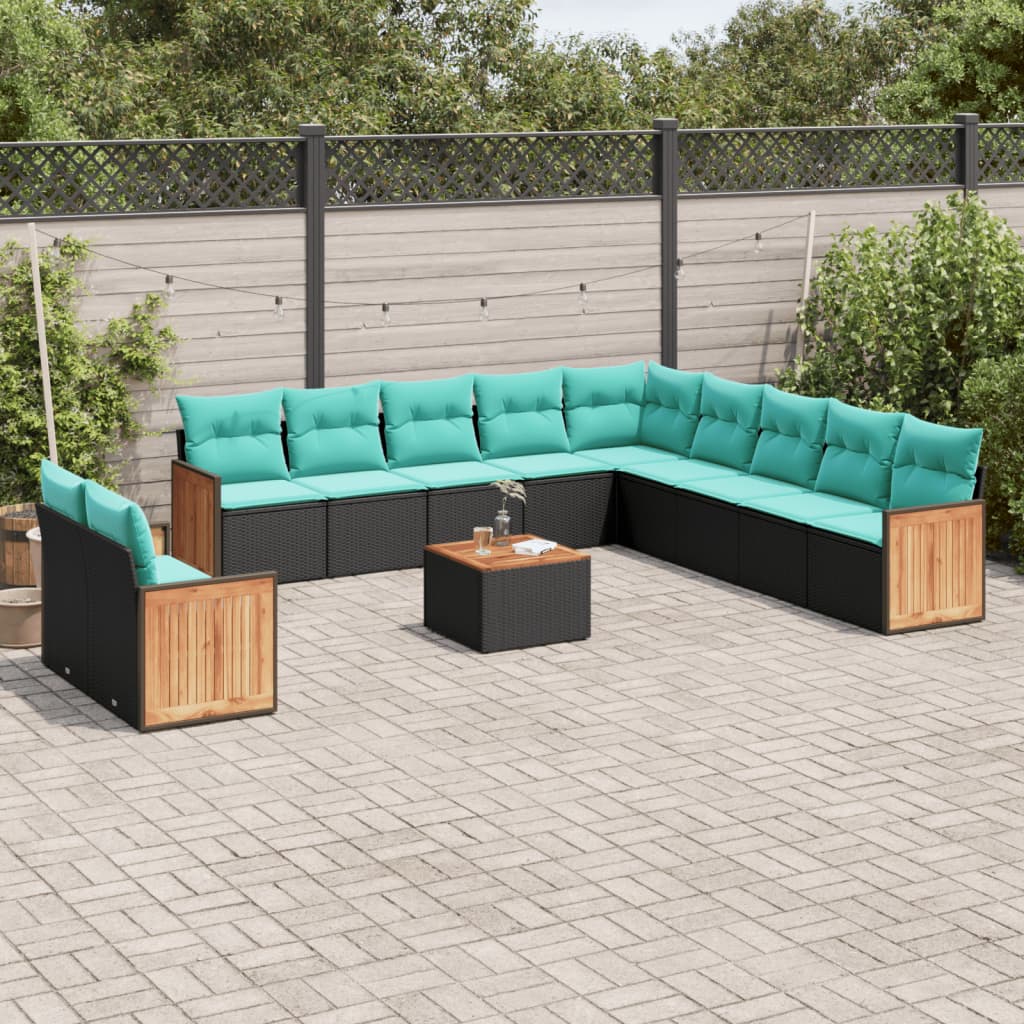 vidaXL 12-teiliges Gartensofa-Set mit Kissen, schwarzes Polyrattan