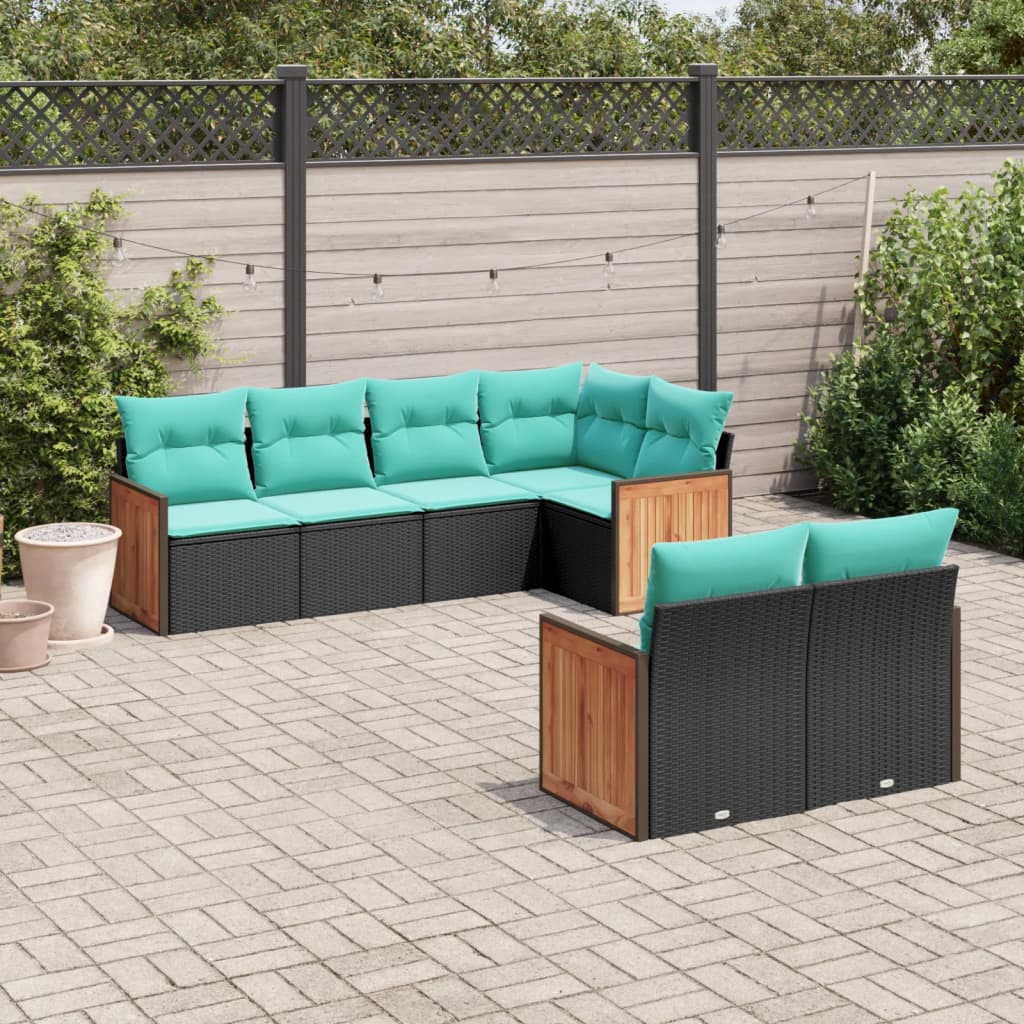 vidaXL 7-teiliges Gartensofa-Set mit Kissen, schwarzes Polyrattan
