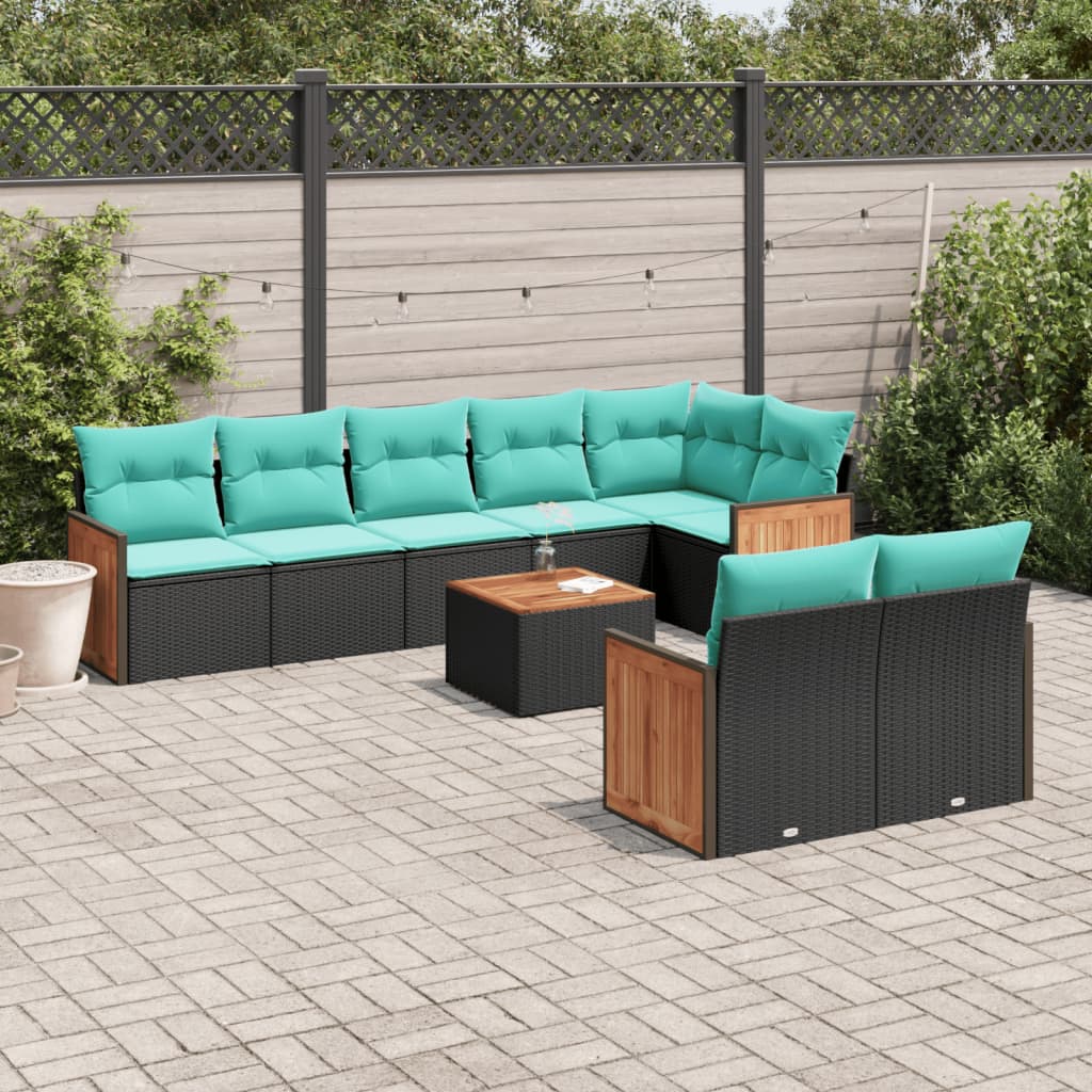 vidaXL 9-teiliges Gartensofa-Set mit Kissen, schwarzes Polyrattan