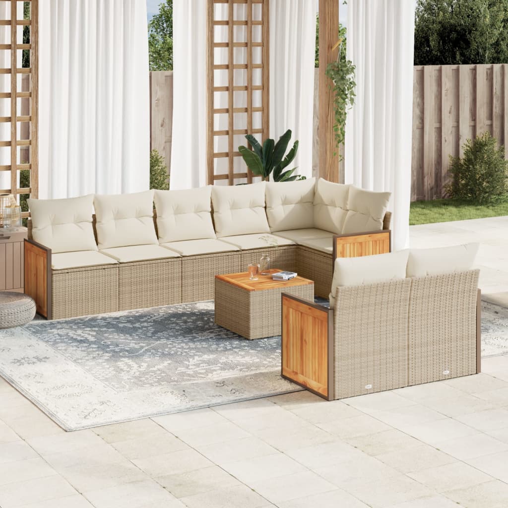 vidaXL 9-tlg. Garten-Sofagarnitur mit Kissen Beige Poly Rattan