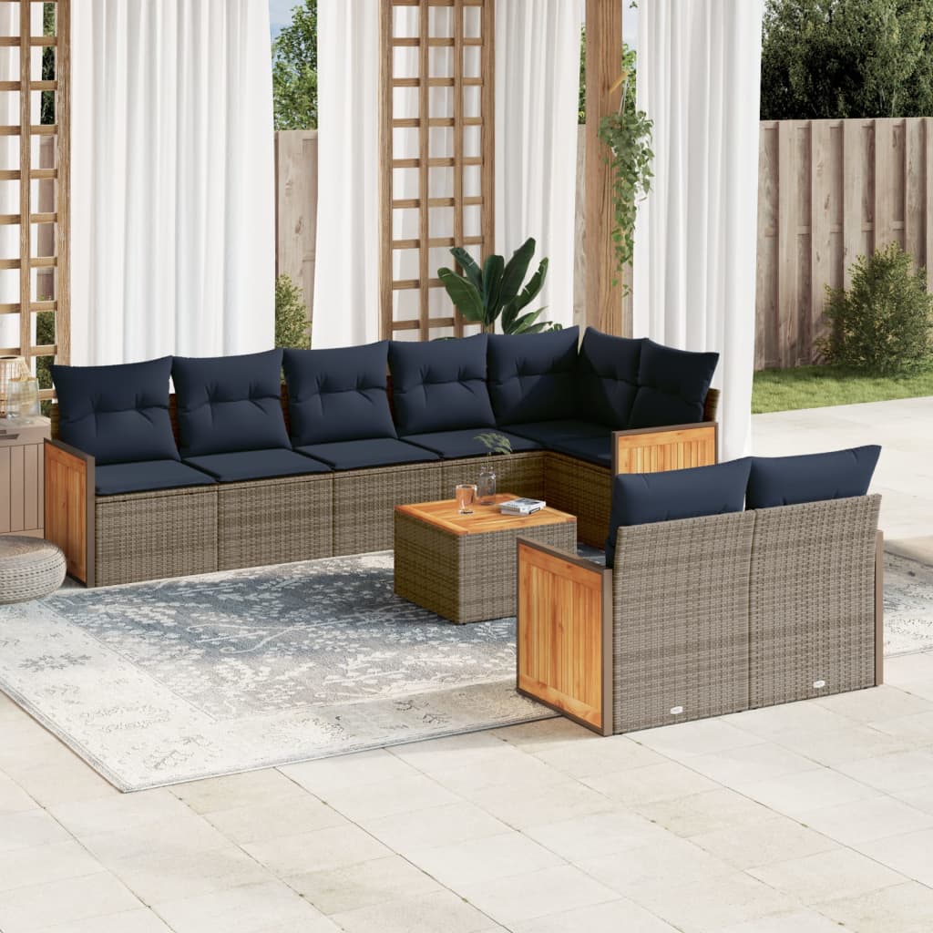 vidaXL 9-teiliges Gartensofa-Set mit Kissen, grau, Polyrattan