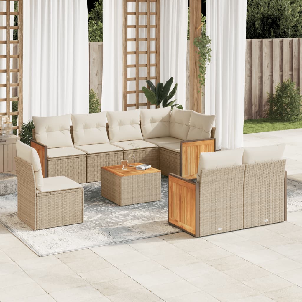 vidaXL 9-tlg. Garten-Sofagarnitur mit Kissen Beige Poly Rattan