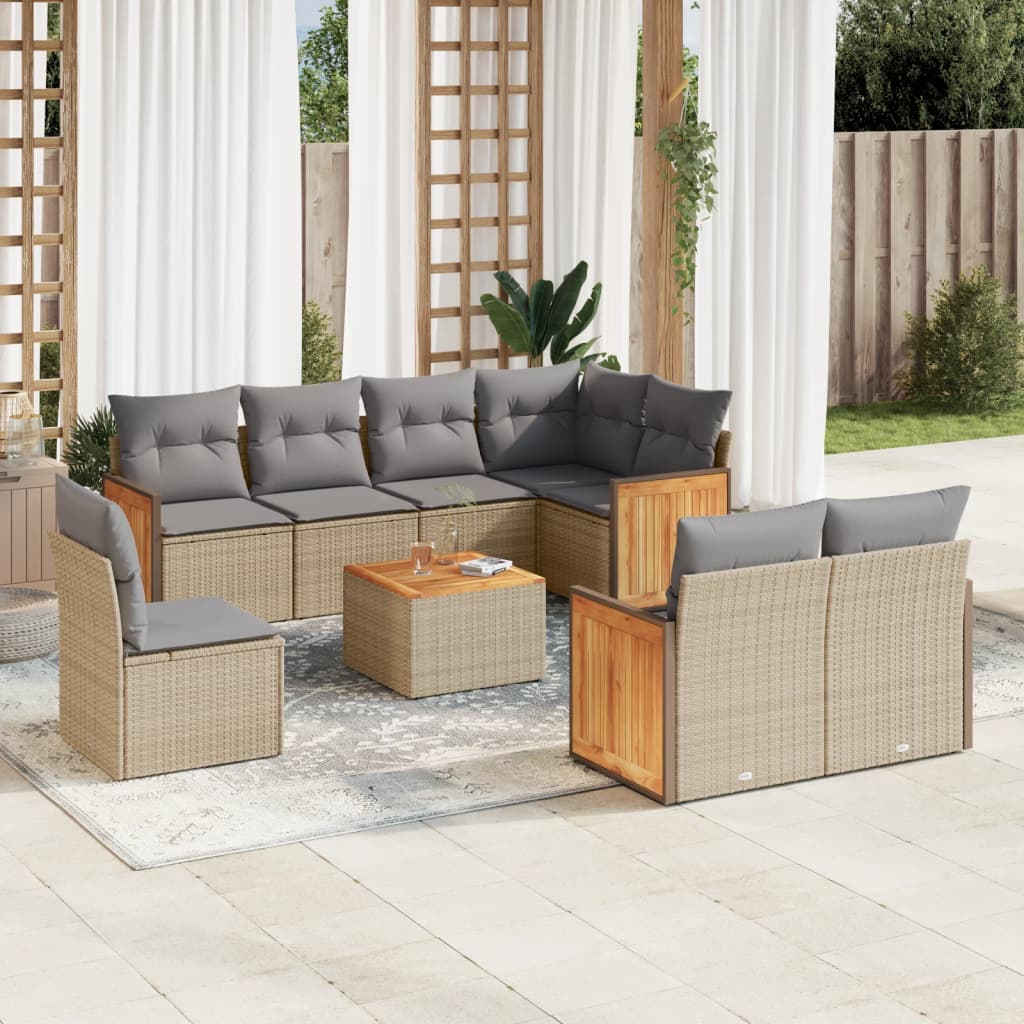 vidaXL 9-tlg. Garten-Sofagarnitur mit Kissen Beige Poly Rattan