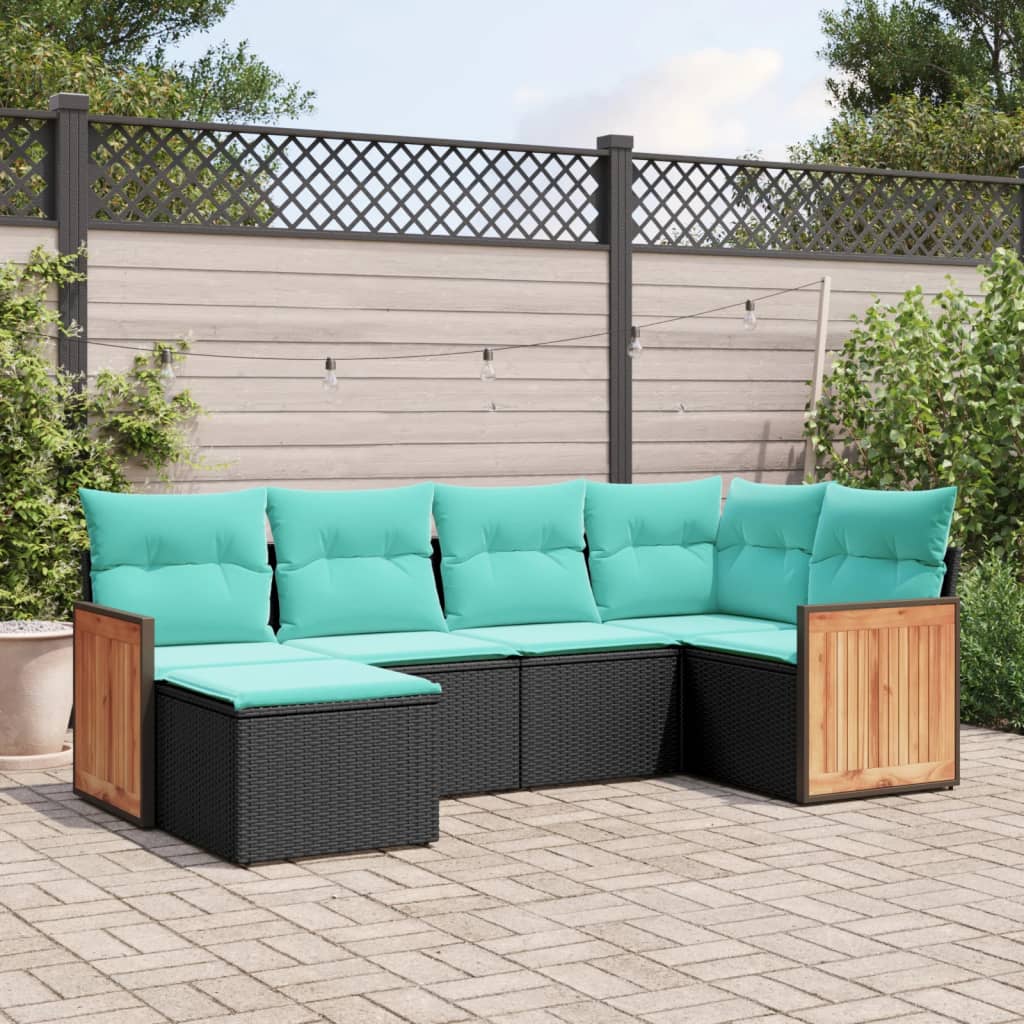 vidaXL 6-teiliges Gartensofa-Set mit Kissen, schwarzes Polyrattan