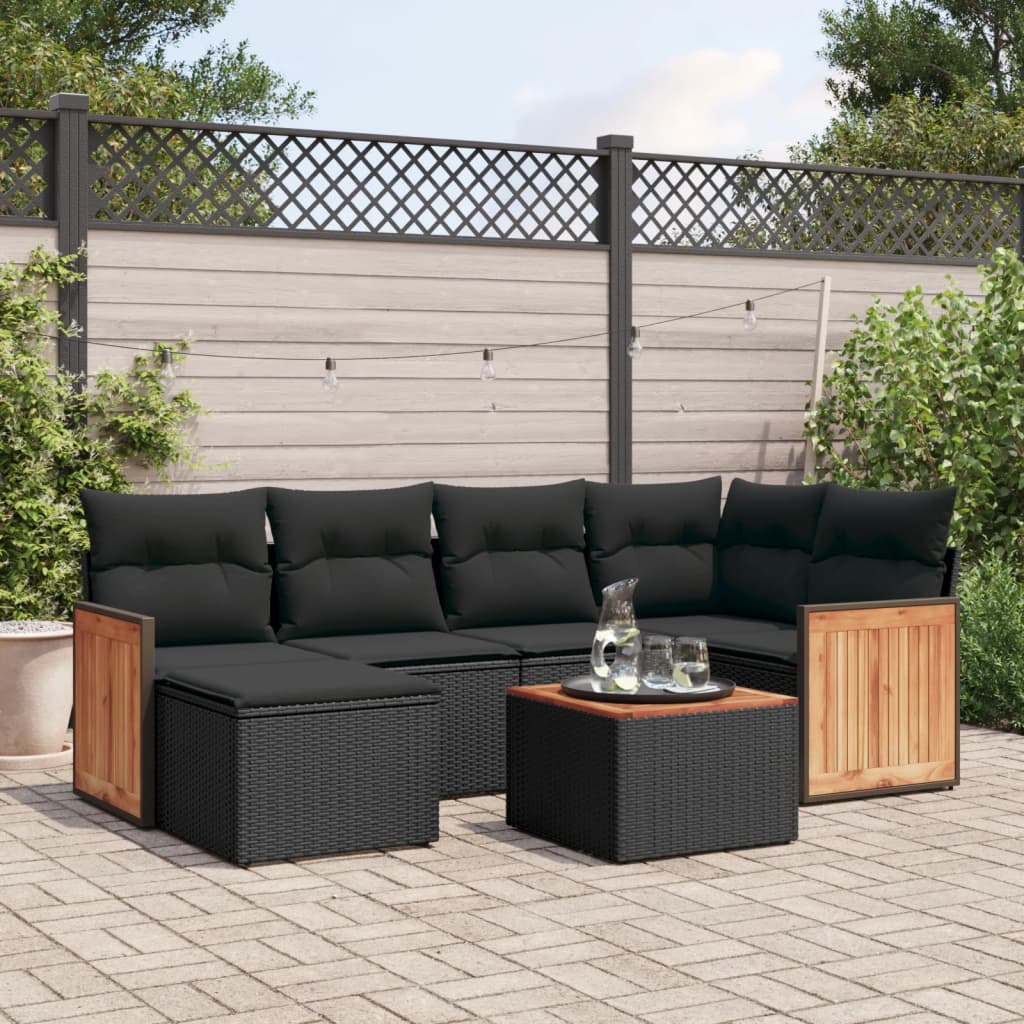 vidaXL 7-tlg. Garten-Sofagarnitur mit Kissen Schwarz Poly Rattan