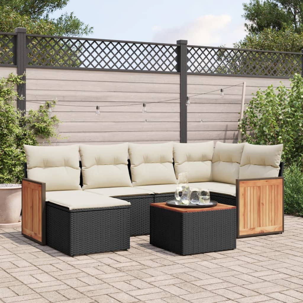 vidaXL 7-tlg. Garten-Sofagarnitur mit Kissen Schwarz Poly Rattan