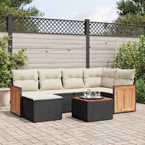 Vrtna sedežna garnitura 7-delna z blazinami črn poli ratan