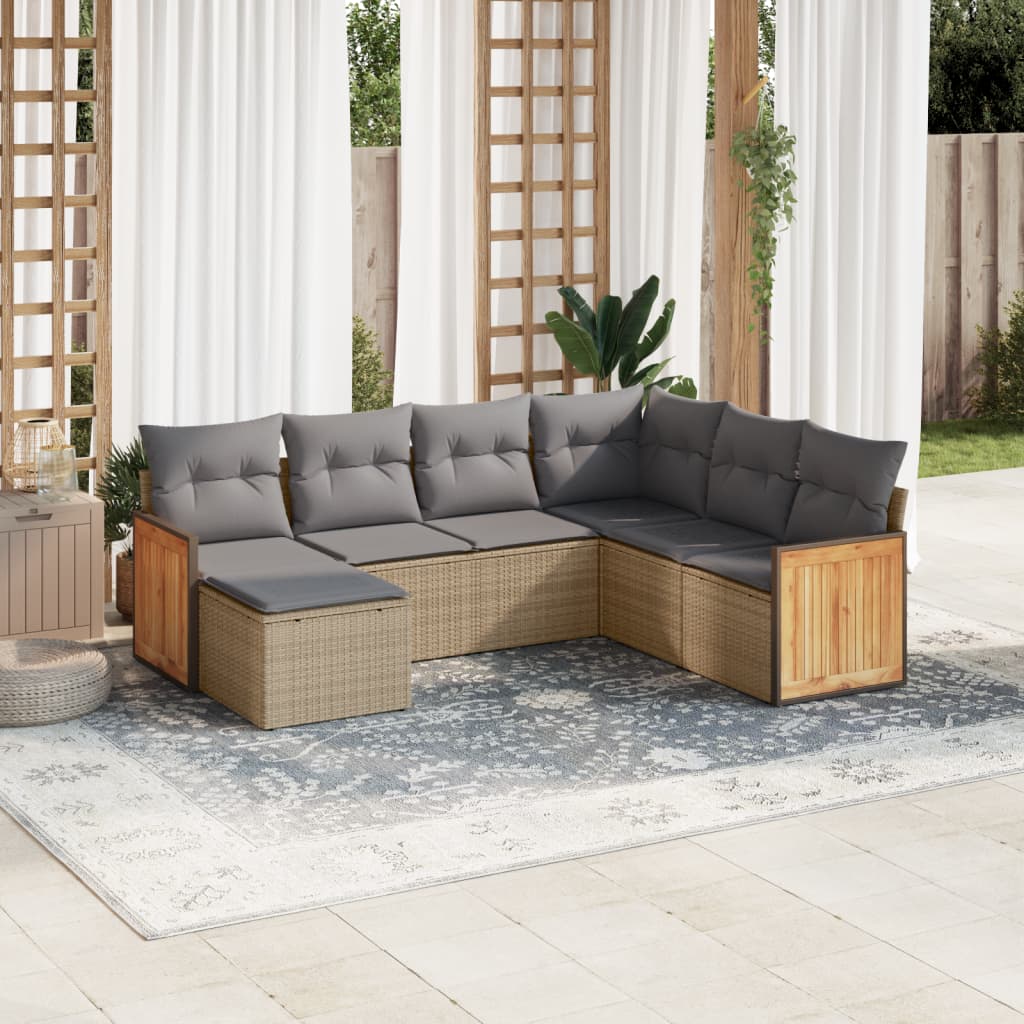 vidaXL 7-tlg. Garten-Sofagarnitur mit Kissen Beige Poly Rattan