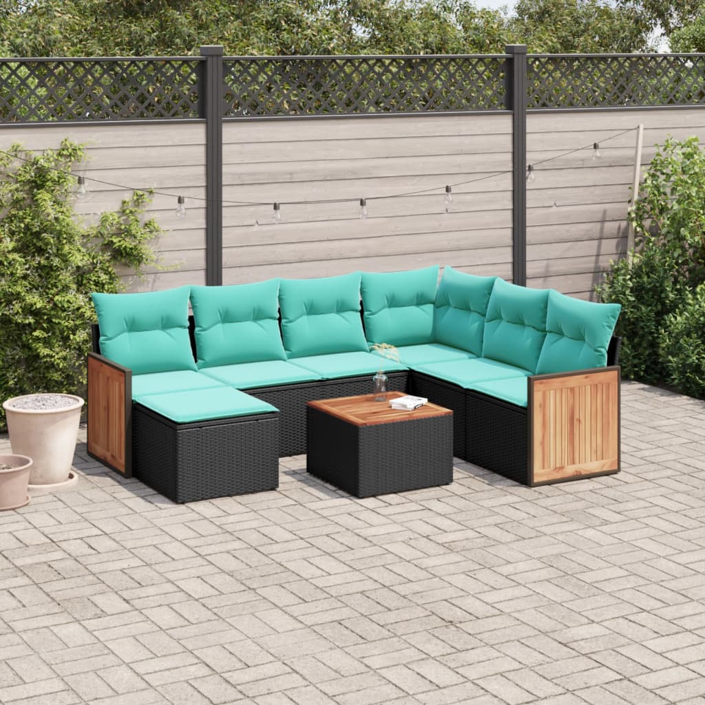 vidaXL 8-teiliges Gartensofa-Set mit Kissen, schwarzes Polyrattan