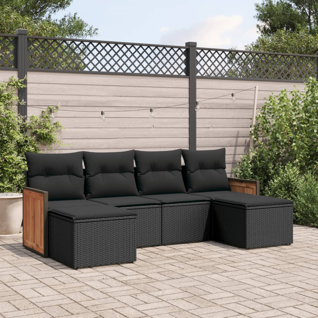 vidaXL 6-tlg. Garten-Sofagarnitur mit Kissen Schwarz Poly Rattan