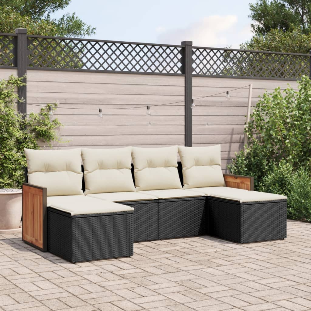 6-tlg. Garten-Sofagarnitur mit Kissen Schwarz Poly Rattan