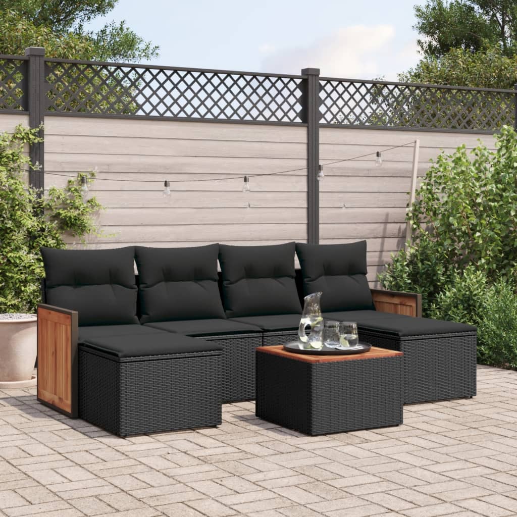 vidaXL 7-tlg. Garten-Sofagarnitur mit Kissen Schwarz Poly Rattan