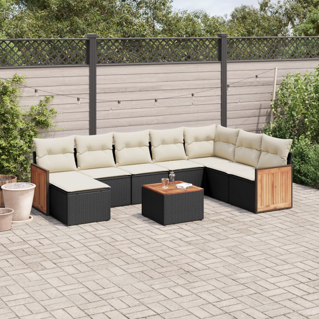 9-tlg. Garten-Sofagarnitur mit Kissen Schwarz Poly Rattan