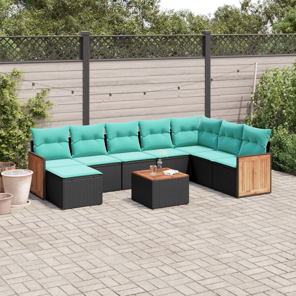 vidaXL 9-teiliges Gartensofa-Set mit Kissen, schwarzes Polyrattan