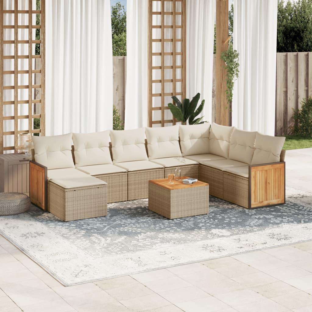 vidaXL 9-tlg. Garten-Sofagarnitur mit Kissen Beige Poly Rattan