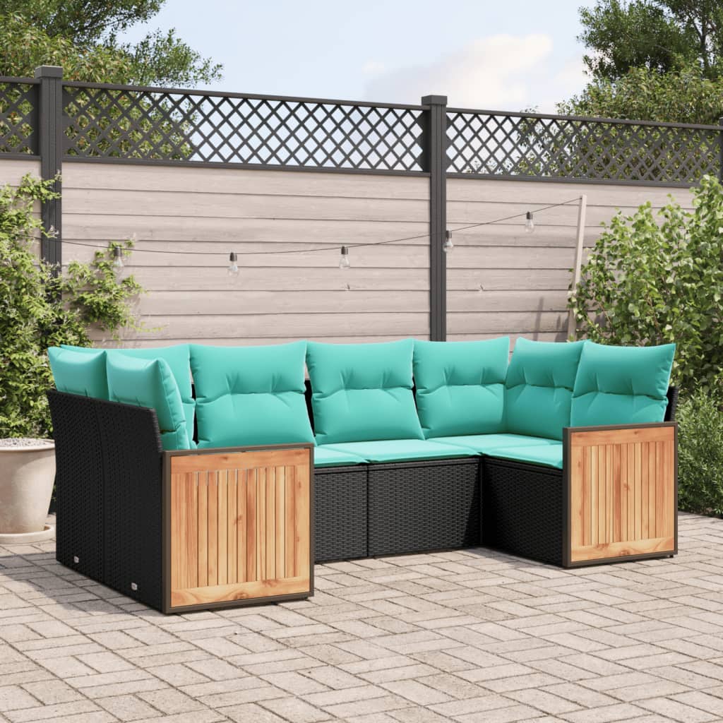 vidaXL 6-teiliges Gartensofa-Set mit Kissen, schwarzes Polyrattan