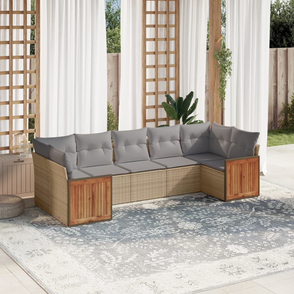 vidaXL 7-tlg. Garten-Sofagarnitur mit Kissen Beige Poly Rattan