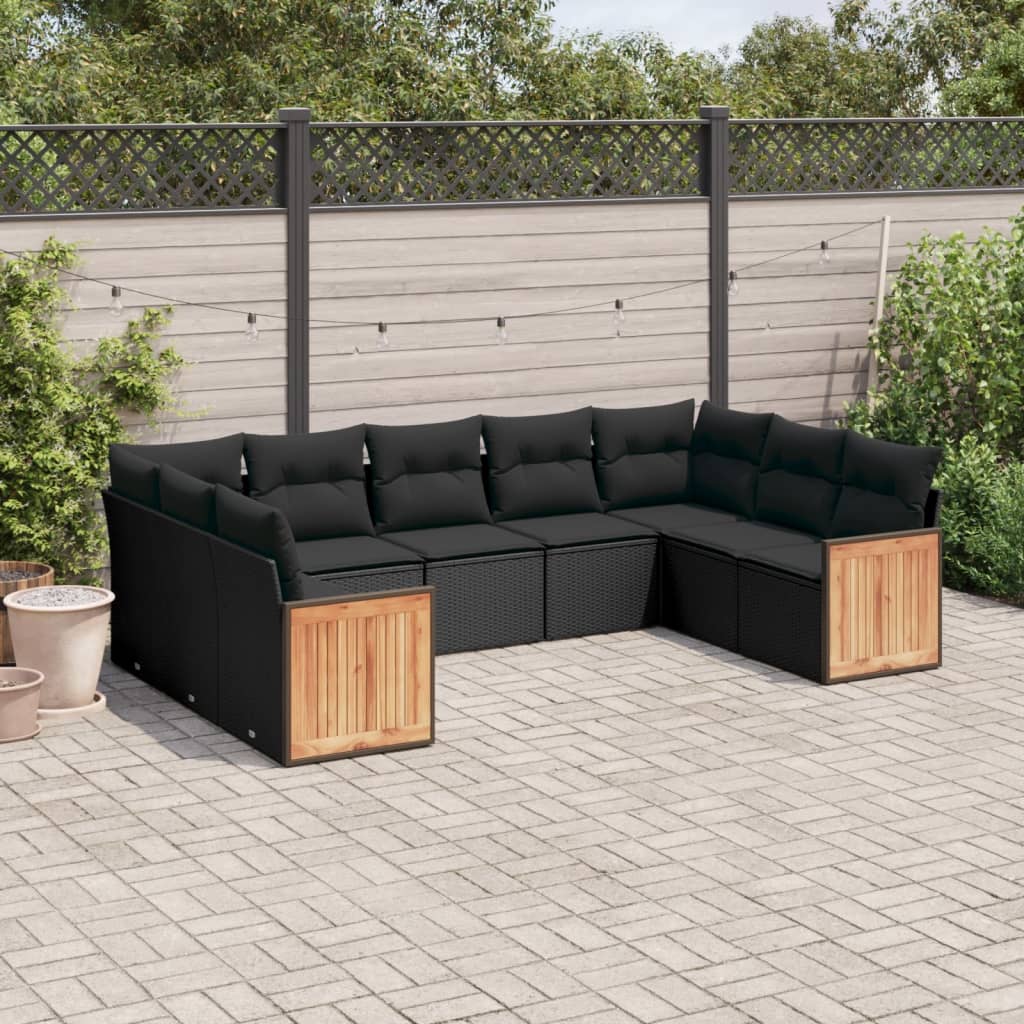 vidaXL 9-tlg. Garten-Sofagarnitur mit Kissen Schwarz Poly Rattan