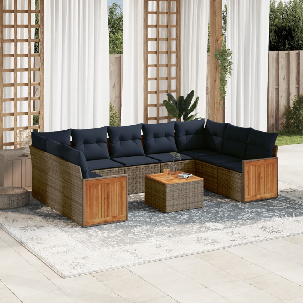 vidaXL 10-teiliges Gartensofa-Set mit Kissen, grau, Polyrattan