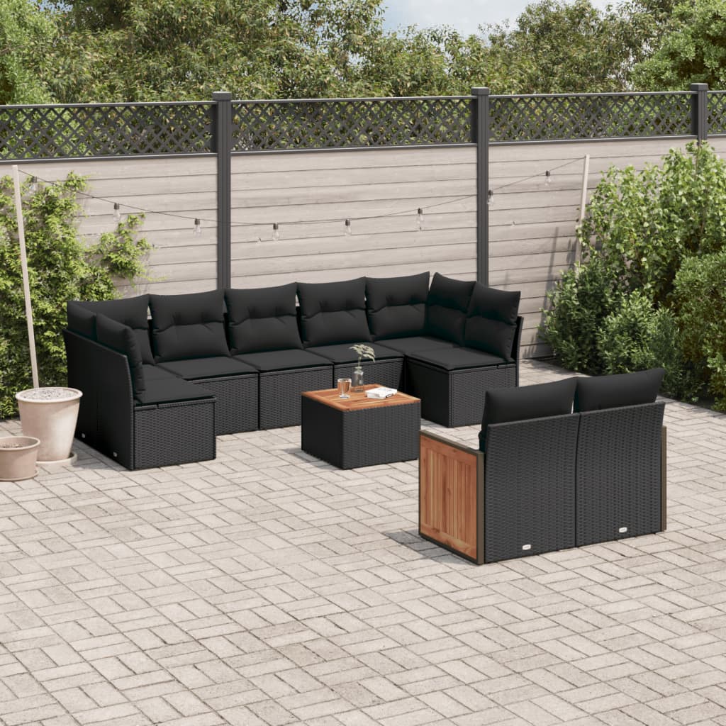 vidaXL 10-tlg. Garten-Sofagarnitur mit Kissen Schwarz Poly Rattan