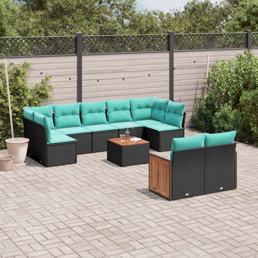 10 Piece Patio Sofa Set with Cushions Black Poly Rattan