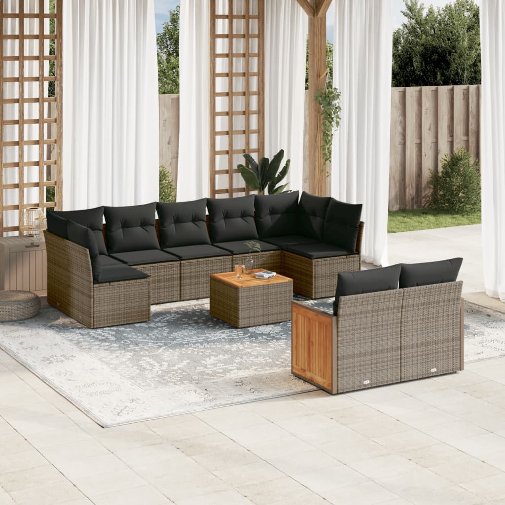 vidaXL 10-tlg. Garten-Sofagarnitur mit Kissen Grau Poly Rattan