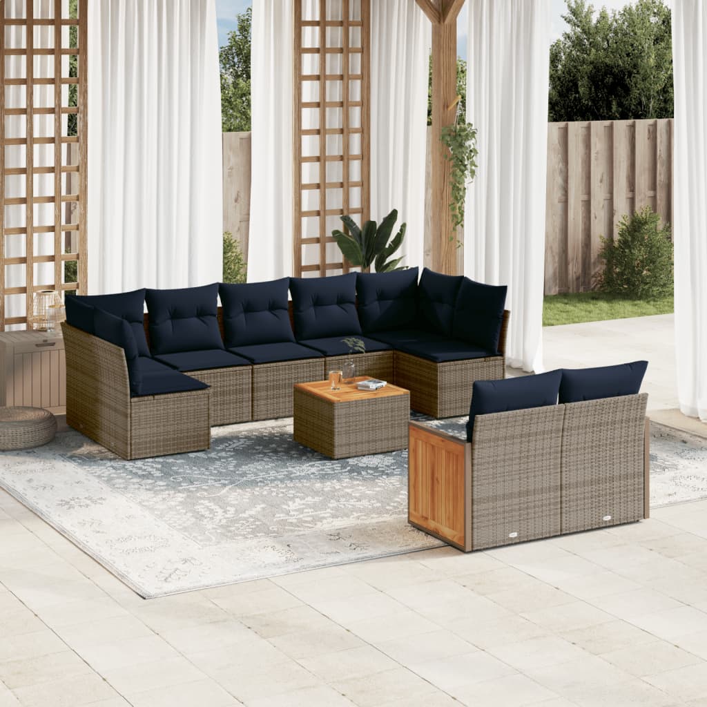 vidaXL 10-teiliges Gartensofa-Set mit Kissen, grau, Polyrattan