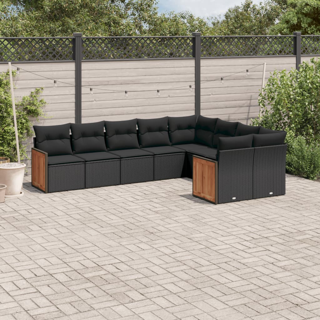 9-tlg. Garten-Sofagarnitur mit Kissen Schwarz Poly Rattan