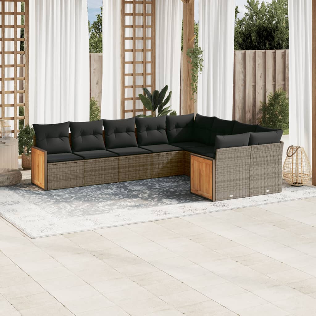 9-tlg. Garten-Sofagarnitur mit Kissen Grau Poly Rattan