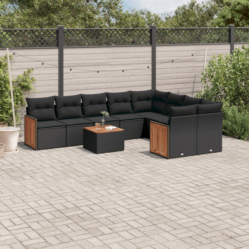 vidaXL 10-tlg. Garten-Sofagarnitur mit Kissen Schwarz Poly Rattan