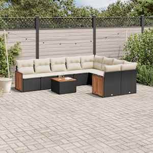 Vrtna sedežna garnitura 10-delna z blazinami črn poli ratan