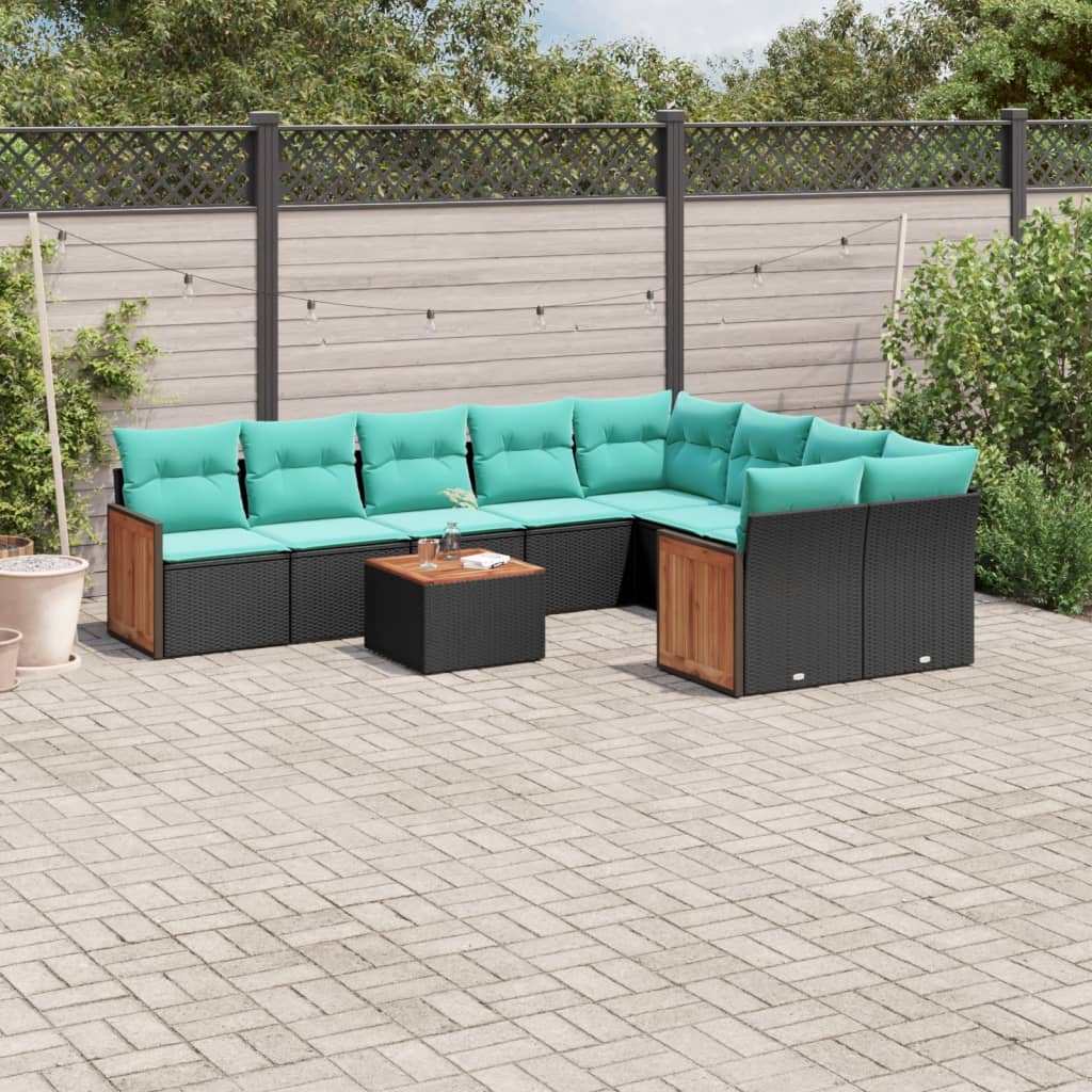 10 Piece Patio Sofa Set with Cushions Black Poly Rattan